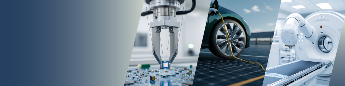 A split image shows a robotic arm assembling electronics, an electric car utilising a pre-charge circuit while charging, and a modern medical imaging machine, representing advanced technology in industry, transportation, and healthcare. by Standex Detect