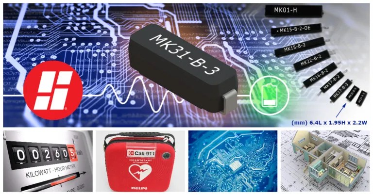 A collage showing a black MK31-B-3 chip over a circuit board, the Hitaltech logo, a battery icon, the MK31 Series Reed Sensor by Standex, various chip models, an electricity meter, a defibrillator, and a digital house layout. by Standex Detect