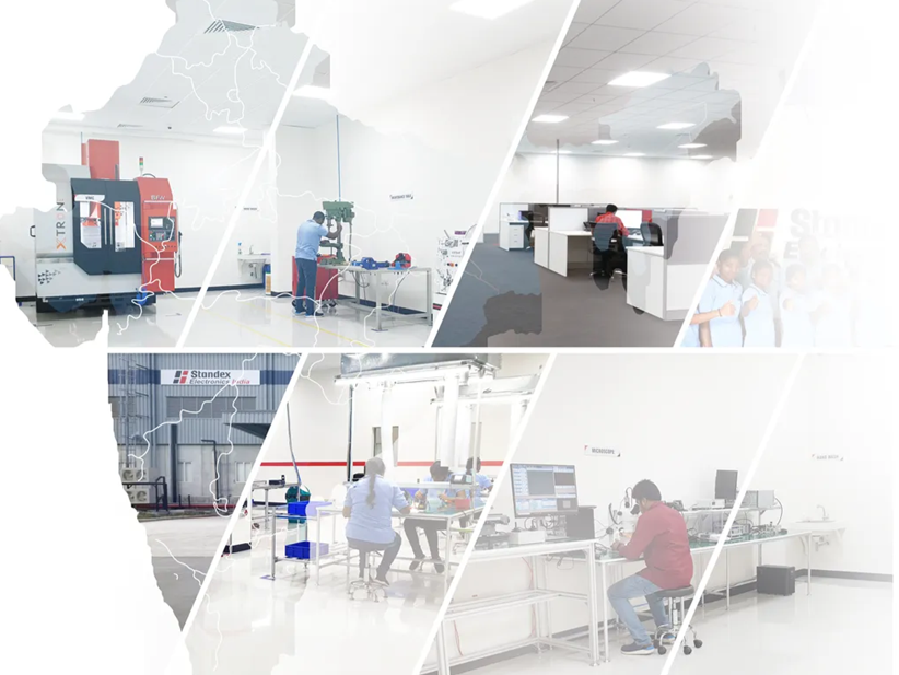 A collage of six images shows various laboratory and manufacturing scenes, arranged within the outline of India. Standex Electronics India team members work with custom sensors and machines, highlighting scientific research and industrial activity. by Standex Detect