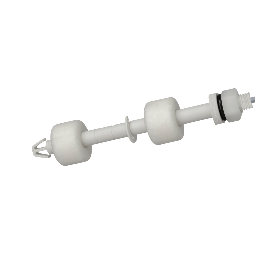 A white plastic multipoint liquid level sensor with cylindrical floats, a threaded end, and a claw-like structure on one side, set against a plain white background. by Standex Detect