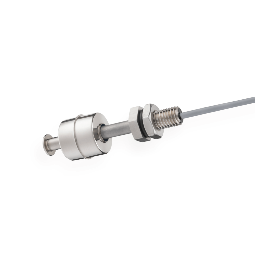 Close-up of a metallic industrial sensor, similar to Reed Liquid Level Sensors, featuring a threaded shaft, hexagonal nut, cylindrical body, and a gray cable extending from one end, isolated on a white background. by Standex Detect