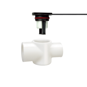 A white plastic pipe fitting with three horizontal and one vertical opening sits below an FPS-T Series Liquid Level Sensor attached to a wire, against a plain white background—ideal for precise HVAC monitoring applications. by Standex Detect