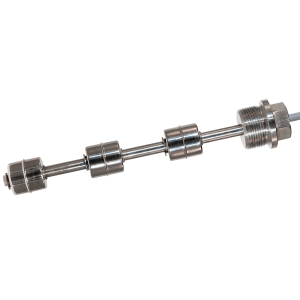 A metal LS05 Series liquid level sensor with cylindrical floats and a threaded end, designed for precise detection of liquid levels in tanks or containers. by Standex Detect
