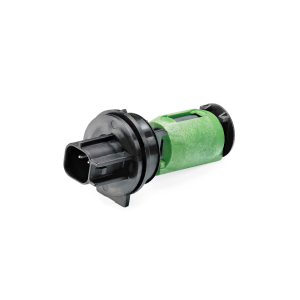 A green and black automotive electrical connector from the R12456 Series, featuring a round base and rectangular plug, commonly used with Liquid Level Sensor systems, isolated on a white background. by Standex Detect