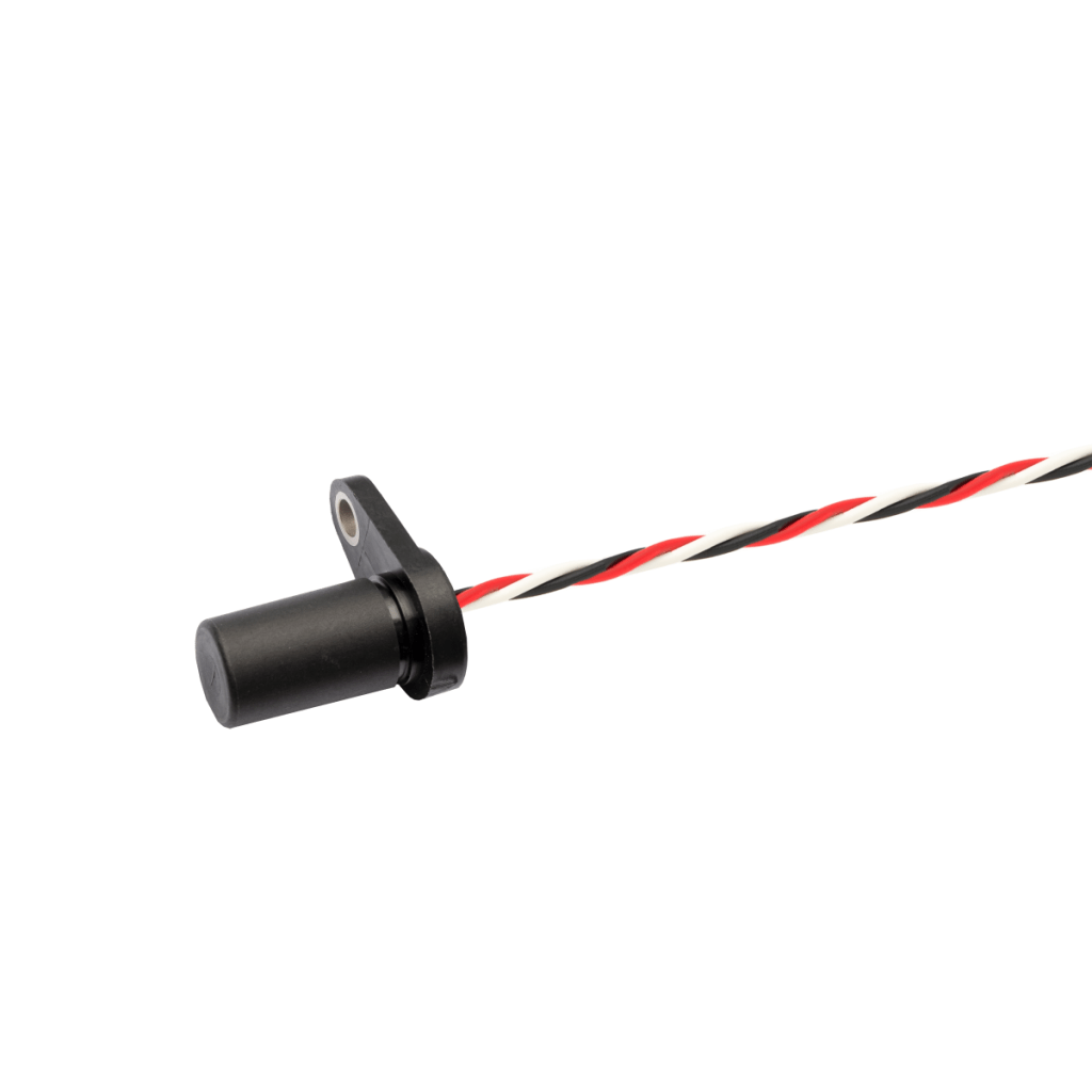 A cylindrical black Analog Ferrous Metal Proximity Sensor with mounting bracket, attached to a twisted red, black, and white wire, against a white background. by Standex Detect