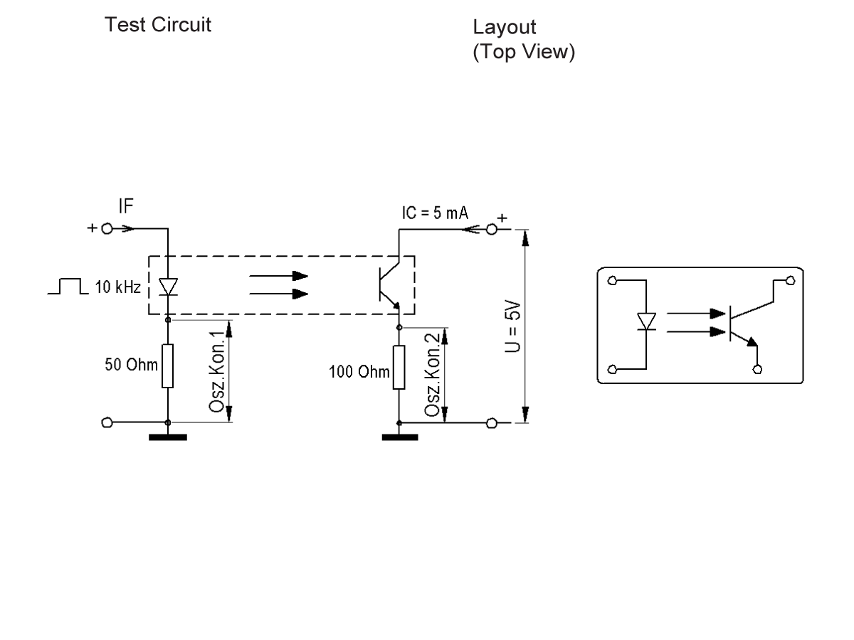 A test circuit diagram features a 521 Series Optocoupler with input from a 10 kHz generator, resistors of 50 and 100 Ohms, and 5V supply; the right side displays the top view layout of the circuit components. by Standex Detect