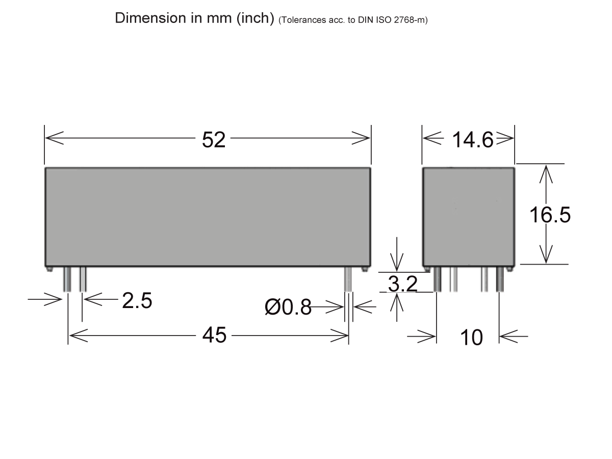 Technical drawing of a rectangular 528 Series Optocouplers electronic component with dimensions in millimeters: 52mm length, 14.6mm height, 16.5mm and 10mm on the right side, 2.5mm, 3.2mm, 45mm, and pin diameter Ø0.8mm. by Standex Detect