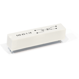 A white rectangular electronic component from the 530-03 Series, featuring a printed circuit diagram and the number 530.03.1.10 on its surface, with four metal pins at its base—often used in optocouplers for signal isolation. by Standex Detect