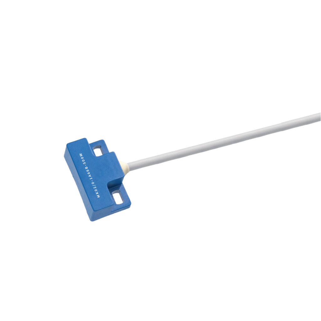 A blue rectangular magnetic contact sensor with a white cable attached, designed for security systems and metal detection, shown on a white background. by Standex Detect