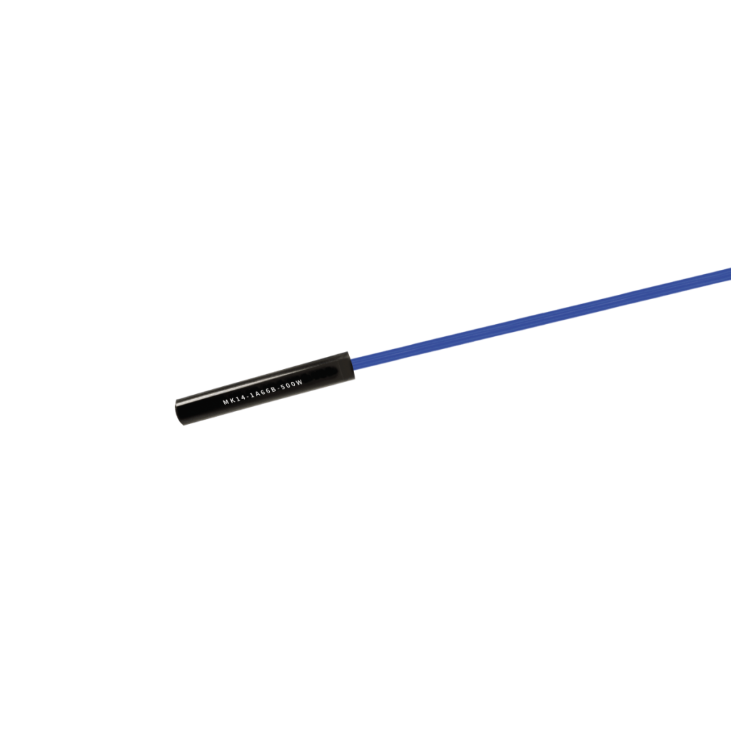 A black and blue stylus or probe labeled NEEE LANDS 150M on the black part, positioned diagonally on a white background, resembles the compact design commonly found in cylindrical proximity sensors. by Standex Detect