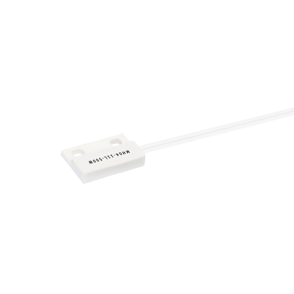 A small white rectangular Hall Effect sensor with two screw holes and a white wire attached, marked with MAGS-71L-SSW in black text, isolated on a white background. by Standex Detect