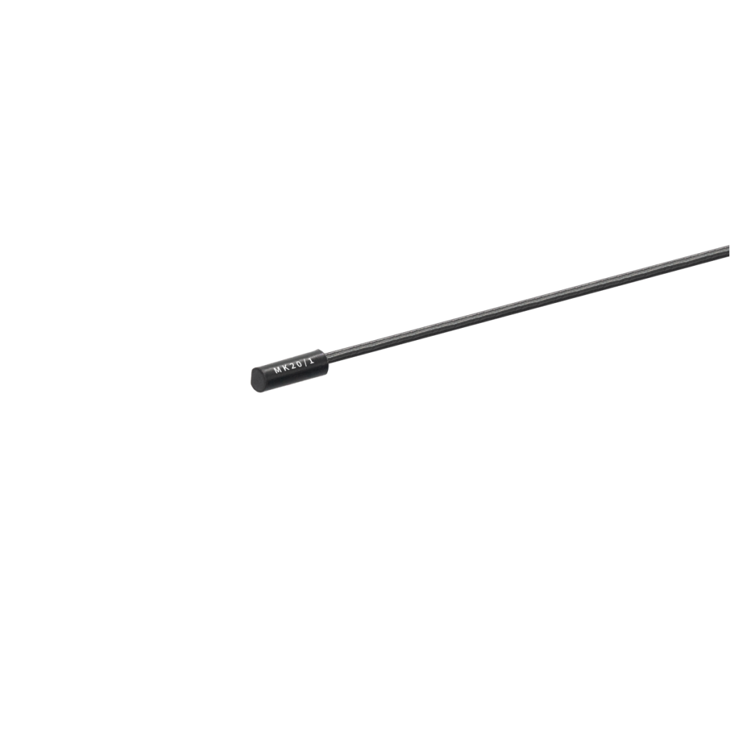 A thin, black antenna with a cylindrical tip, angled diagonally on a white background. The tip resembles those seen in Reed Proximity Sensors and features small white text, possibly indicating a brand name. by Standex Detect