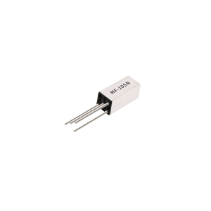 A small rectangular electronic component from the MF Series, this Reed Relay features three metal prongs and the label MF-105N printed on its surface, isolated on a white background. by Standex Detect