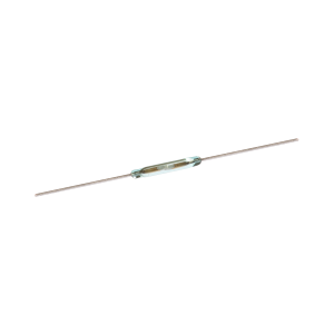 A glass-encased cylindrical Reed Switch from the Reed Switch Series, model KSK-1A46, featuring two long, thin metal leads extending from each end and viewed against a white background. by Standex Detect