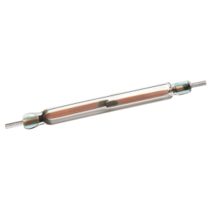 A glass cylindrical Reed Switch, such as the KSK-1A54 Series, features two metal leads protruding from each end and a pair of thin metal strips visible inside the tube. by Standex Detect