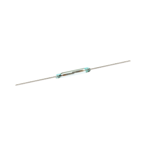 A KSK-1A66/3 reed switch, featuring a small glass body with two long metal leads extending from both ends, isolated on a white background. by Standex Detect