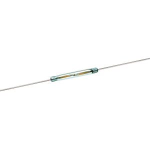 A small KSK-1A85 Series Reed Switch with two long metal leads extending from both ends. The cylindrical switch contains visible metal contacts inside the transparent casing. by Standex Detect