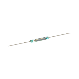 A small KSK-1E66 Reed Switch with two long metal leads extending from each end, isolated on a white background. by Standex Detect