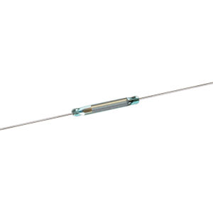 A small glass cylindrical electronic component from the KSK-1E85 Series with metal ends and thin wires extending from both sides, resembling a Reed Switch, isolated on a white background. by Standex Detect