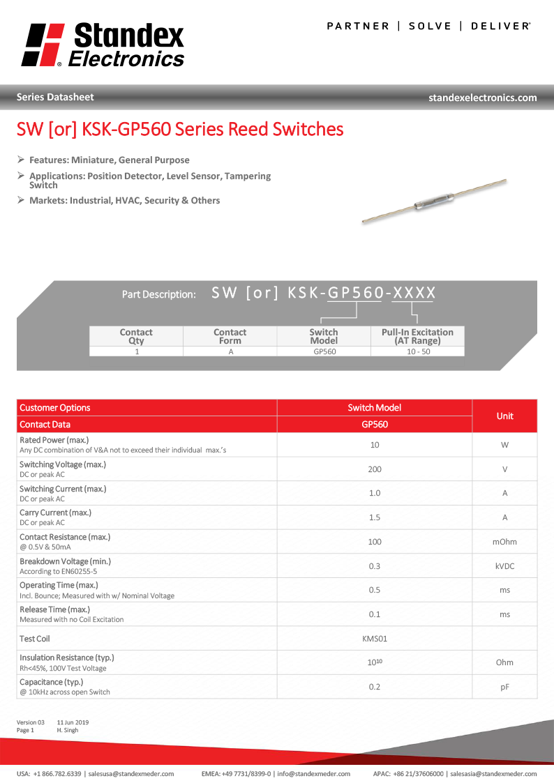 Datasheet - KSK or SW GP560 Series Reed Switch