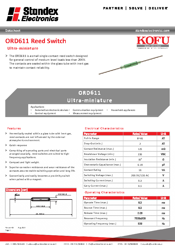 Datasheet KOFU Reed Switch ORD611