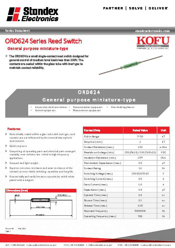Datasheet KOFU Reed Switch ORD624