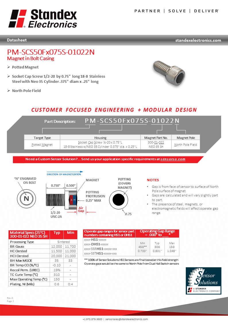 Datasheet - PM-SCS50Fx075S-01022N Magnet in Bolt Casing
